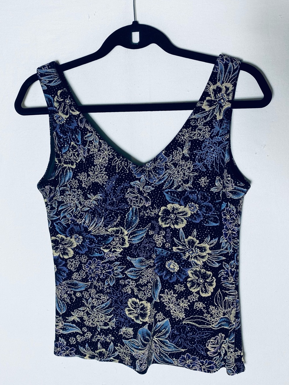 Vintage Y2K Xscape Metallic Glitter Blue Floral V Neck Tank Top Whimsigoth M
